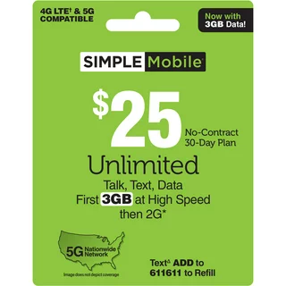 SIMPLE Mobile $25 Unlimited 30-Day Prepaid Plan (3GB at high speeds) + International Calling Credit Direct Top Up