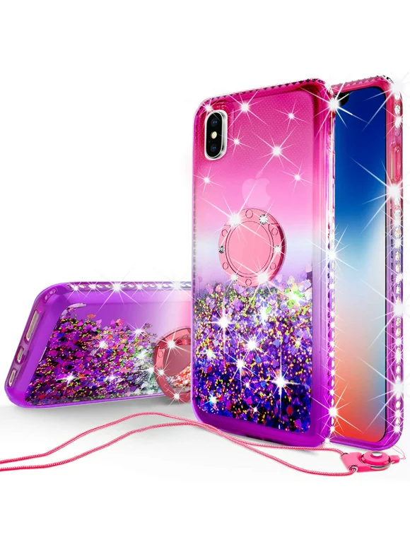 SOGA Rhinestone Liquid Float Quicksand Cover Cute Phone Case Compatible for Apple iPhone XR 6.1 inch Case with Embedded Metal Diamond Ring for Magnetic Car Mounts and Lanyard - Purple on Pink
