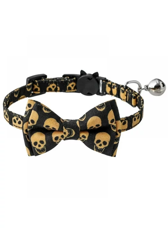 SUPERHOMUSE Halloween Cat/Dog Collar With Removable Bow Tie And Bell, Holiday Safety Breakaway Cat Collar With Skull, Pumpkin, Bat, Cat\'s Eye Patterns(Adjustable Size From15-28cm/5.90-11.02inch)