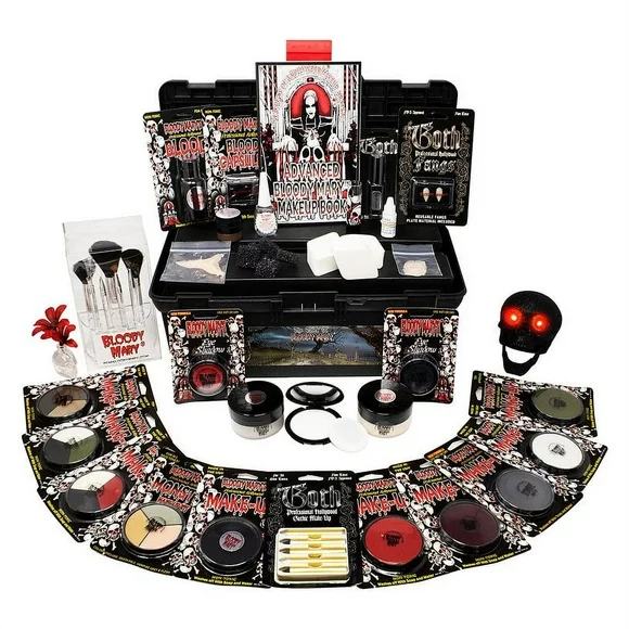 Scary Skeleton Makeup Kit By Bloody Mary - Halloween Costume Professional Special Effects Face Makeup Supplies - FX Foundation, Black Blood Lipstick, Eye Shadow, Crayons, Brushes, Blood, Sponge & Case