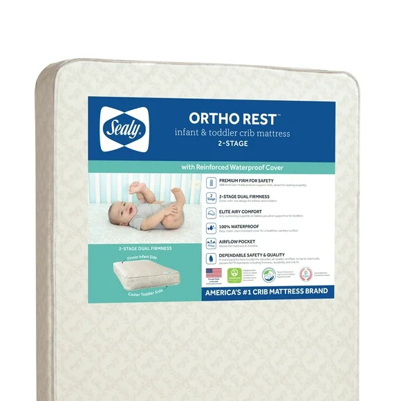 Sealy Ortho Rest Premium 2-Stage150 Coil Baby Crib and Toddler Mattress, Innerspring, Gray