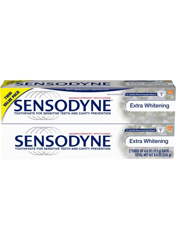 Sensodyne Sensitivity Toothpaste, Extra Whitening, for Sensitive Teeth, 24/7 Protection, 4 ounce (Pack of 2)
