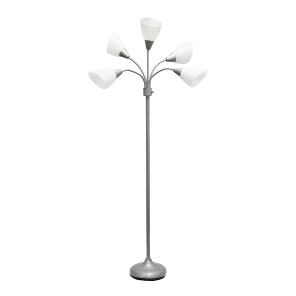 Simple Designs 5 Light Adjustable Gooseneck Silver Floor Lamp with White Shades