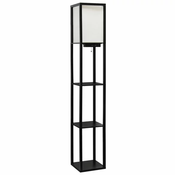 Simple Designs Floor Lamp Etagere Organizer Storage Shelf with 2 USB Charging Ports, 1 Charging Outlet and Linen Shade -