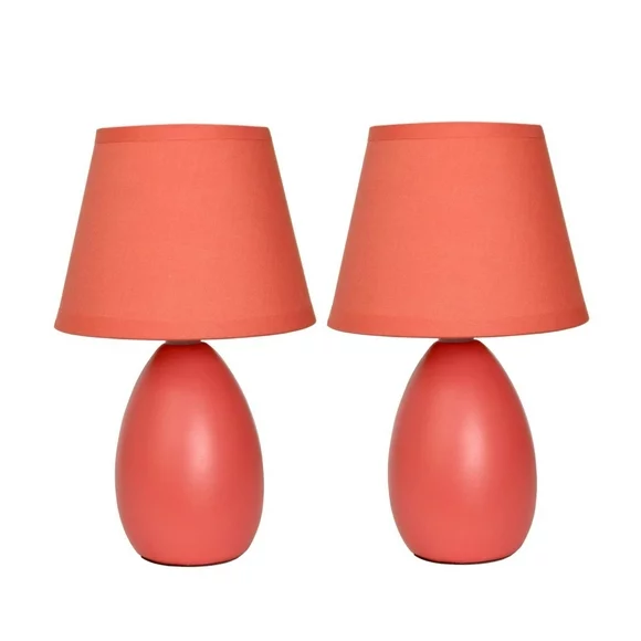 Simple Designs Mini Egg Oval Ceramic Table Lamp 2 Pack Set, Orange