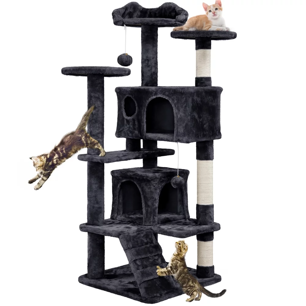 SmileMart 54.5" Double Condo Cat Tree with Scratching Post Tower, Black