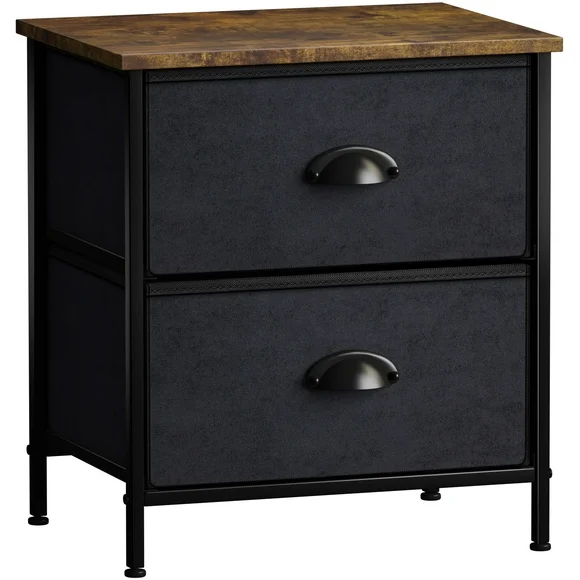 Sorbus Nightstand - 2 Drawer Fabric Dresser, Small Dressers for Bedroom, Storage Organizer Dresser for Home, Hallway, Office, College Dorm, Steel Frame, Rustic Wood Top, (Black)