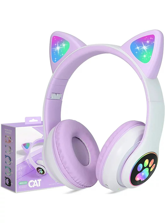 TCJJ Kids Headphones, Cat Ear Wireless Headphones, LED Light Up Bluetooth over on Ear Purple Headphones for Toddler Boy Girl Teen Children With Microphone for Phone/Tablet/Laptop/School Christmas Gift