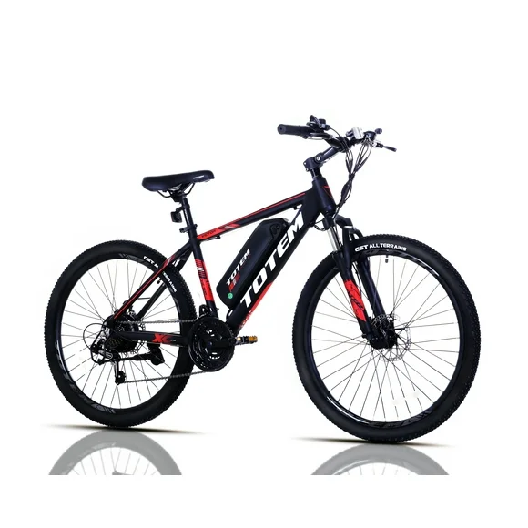 Totem Victor2.0 350 W Mountain Electric Bicycle 26 in., 36V 10.4Ah Removable Battery, Shimano 21-Speed Gears for Adults, Adjustable Stem Upgrade, UL2849 certified, Black and Red