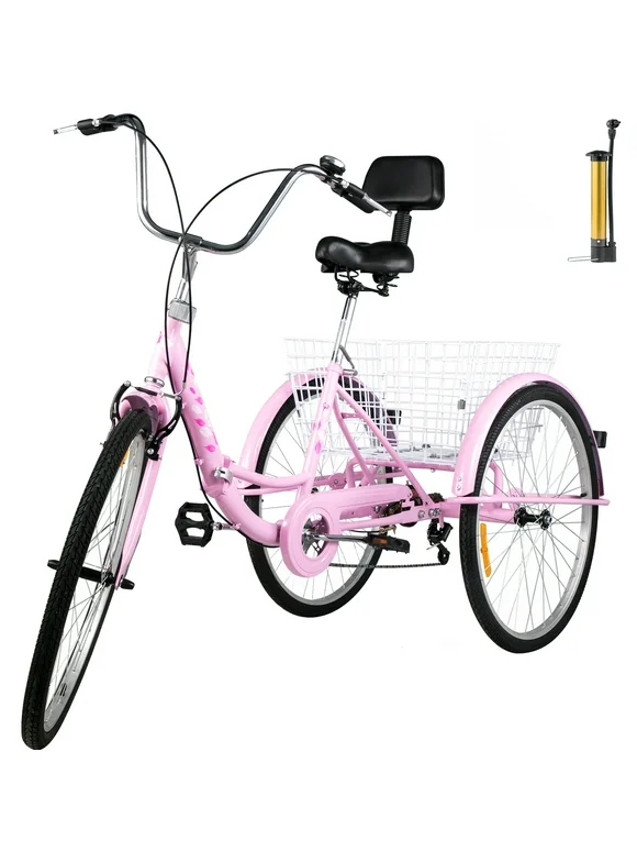 VEVOR Foldable Adult Tricycle 24" Wheels, 7-Speed Trike 3 Wheels Trike with Basket, Portable and Foldable Bicycle for Adults Exercise Shopping Picnic Outdoor Activities, Pink