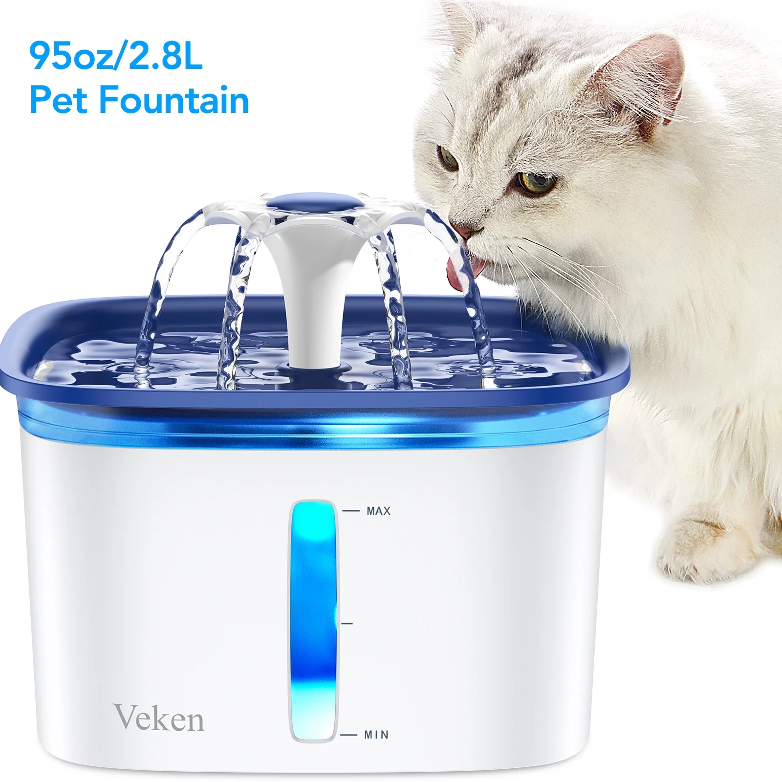 Veken 95oz/2.8L Pet Fountain, Cat Dog Water Fountain Dispenser with Smart Pump,Blue