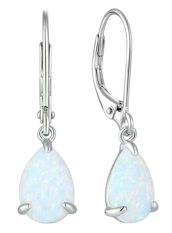 Vesitim Opal Earrings for Women Sterling Silver Teardrop Solitaire Dangle Drop Earring Birthstone Jewelry Gift Created White Opal