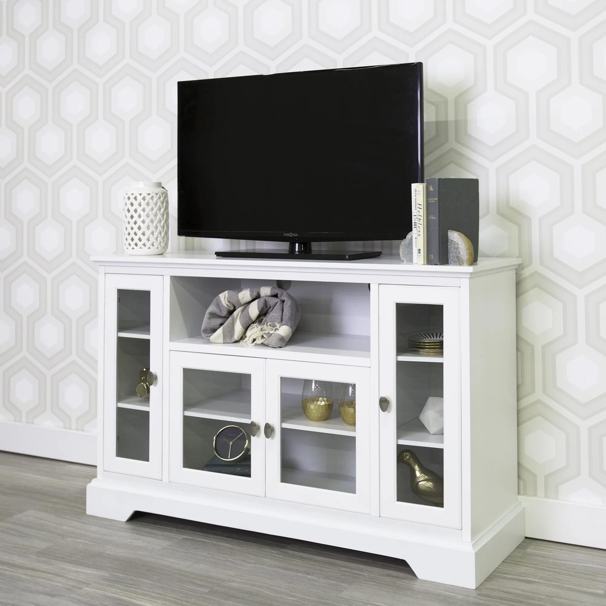 Walker Edison Highboy-Style Wood Media Storage TV Stand Console for TVs up to 55", White
