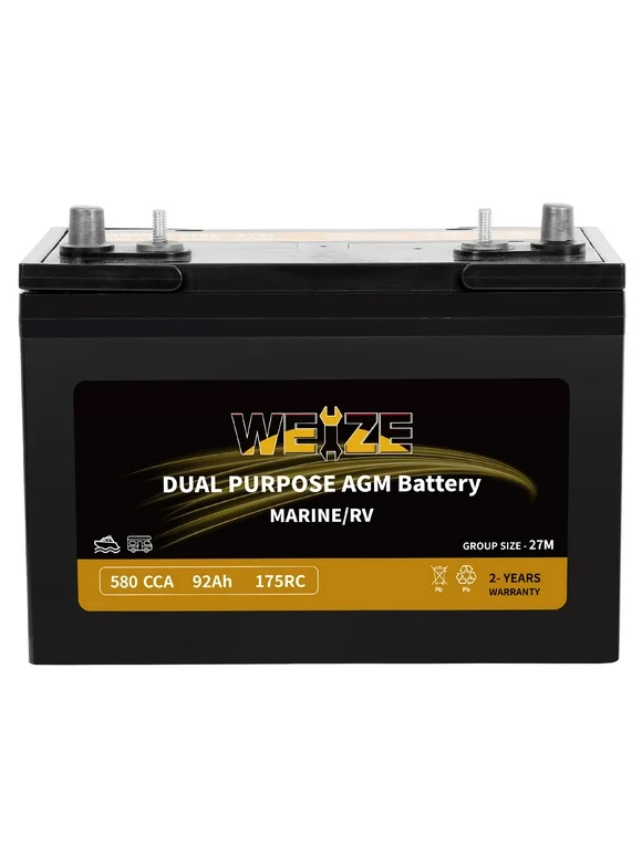 Weize 12V 92AH Dual Purpose AGM Battery, 175RC 580CCA BCI Group 27M Starter & Deep Cycle Sealed Marine & RV Battery
