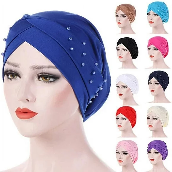 Womens Beads Elastic Turban Hat Cancer Chemo Cap Hijab Head Wrap