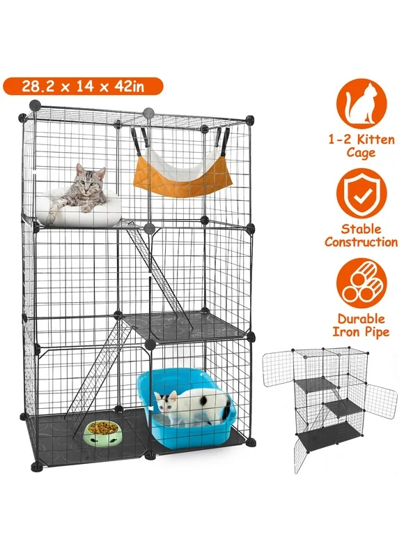 iMounTEK Large 3 Tier Cat Durable Metal Cage Box Detachable Crate Kennel with 2 Ladders Large Cat Exercise Place for 1-2 Cats Black