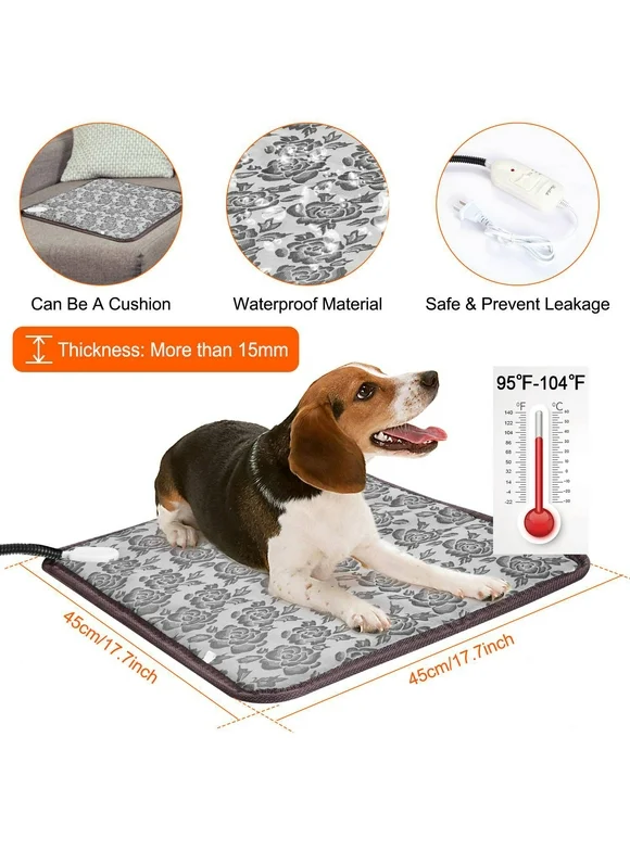 iMounTEK Pet Heating Pad, Heated Cat Dog Bed Mat, Electric Warming Pad Heating Blanket for Cats Dogs Puppies Indoor, with Anti- Steel Cord, Dual Temperature Dual Control,17.7x17.7inch
